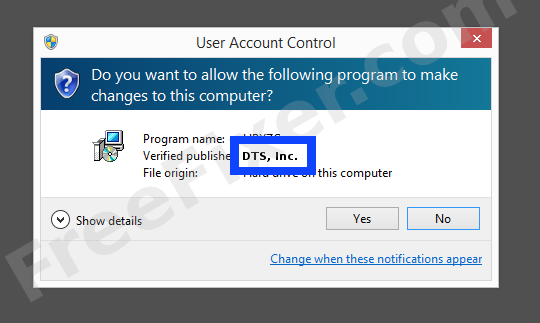 Screenshot where DTS, Inc. appears as the verified publisher in the UAC dialog